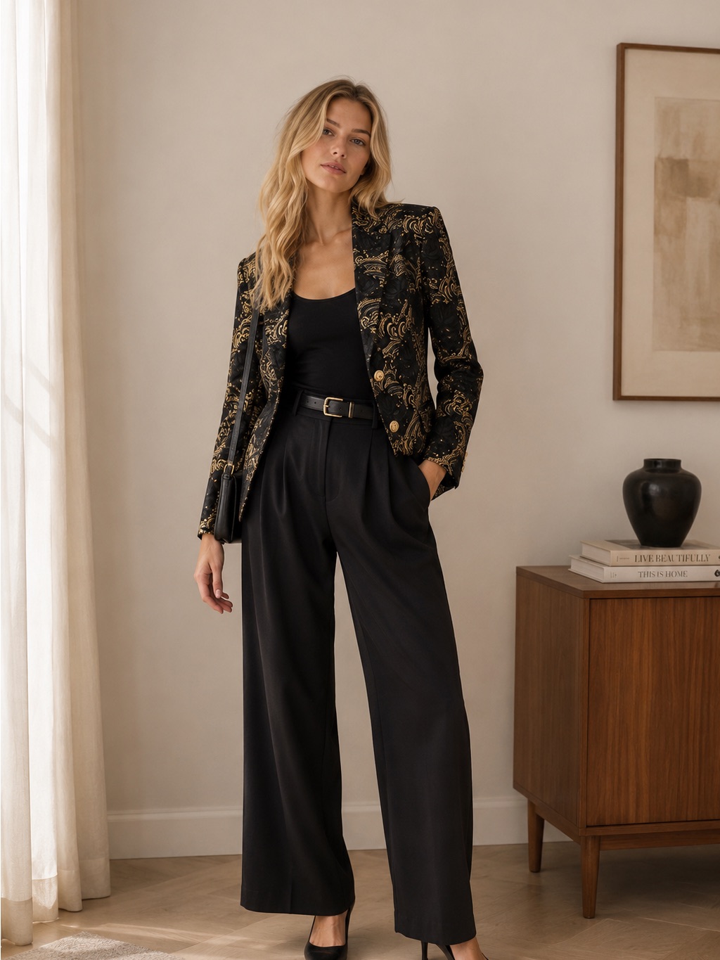 Vintage Kenzo Paris Black & Gold Jacquard Brocade Blazer Eu 36